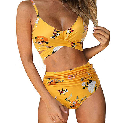Printed high waist split swimsuit