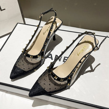 Women's Polka Dot Mesh Studded Pointed Toe Slingback Stiletto Sandals