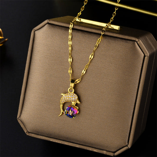 Titanium Steel Necklace Diamond Dolphin Magic Cube Ornament Accessories
