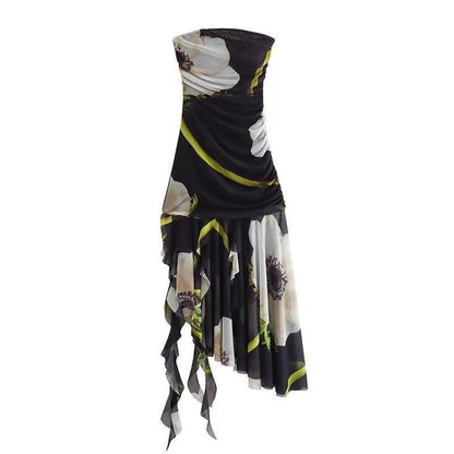 European And American Style Summer Womens New Silk Mesh Printed Tube Dress