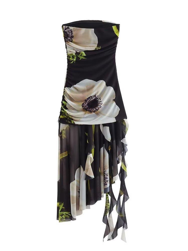 European And American Style Summer Womens New Silk Mesh Printed Tube Dress