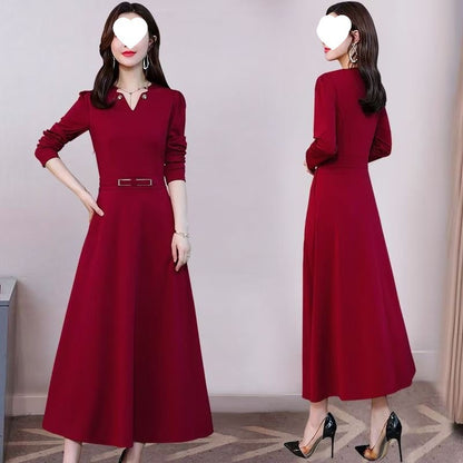 Elegant Casual Artistic Retro Mid-Length Long-Sleeve Dress