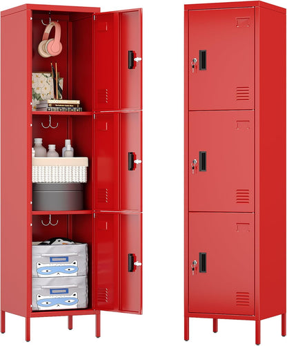 Metal Locker With Hooks And Ventilation Holes,Metal Storage Locker With Keys And Business Card Slof For Home,Gym,Garage,School,Office,Assembly Required,Red