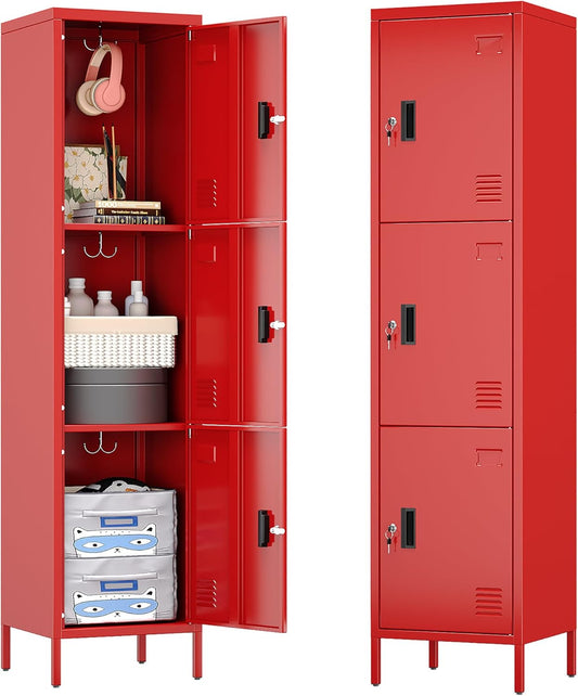 Metal Locker With Hooks And Ventilation Holes,Metal Storage Locker With Keys And Business Card Slof For Home,Gym,Garage,School,Office,Assembly Required,Red