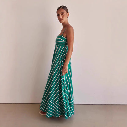Womens Fashionable Simple Striped Strap Backless Maxi Dress