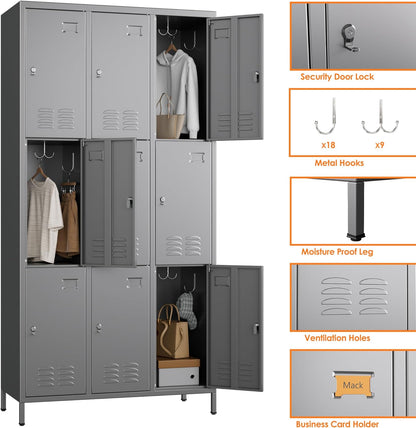 9 Doors Metal Locker With 27 Hooks And Business Card Holder,Metal Lockers For Employees With Ventilation Holes For School Office Gym Garage,Assembly Required,Dark Grey
