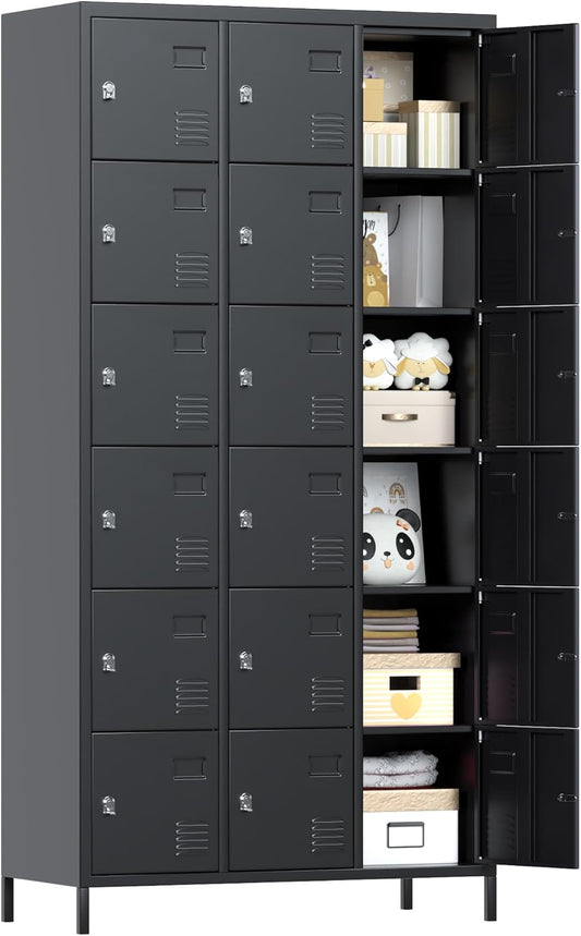 METAN Metal Locker For School Office Gym Bedroom, 18 Doors Black Steel Storage Locker Cabinet For Employees, Industrial Storage Locker, Assembly Required 18 Door-Black