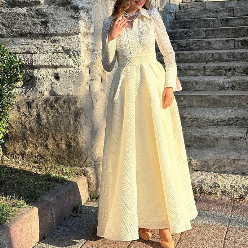 White Front Chest Flower Beads Lace Yarn French Style Retro Long Sleeve Fashion Slim Dress