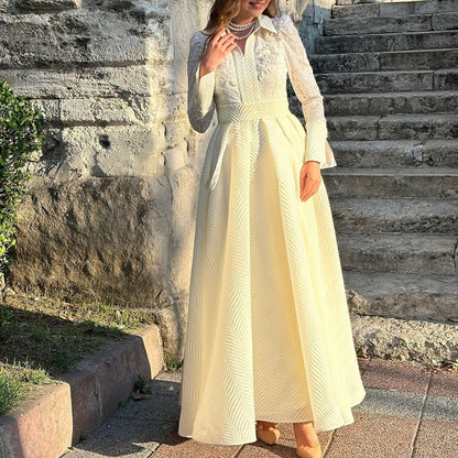 White Front Chest Flower Beads Lace Yarn French Style Retro Long Sleeve Fashion Slim Dress