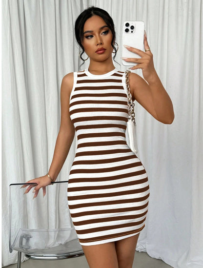 Slim Fit Striped Contrast Color Knit Dress