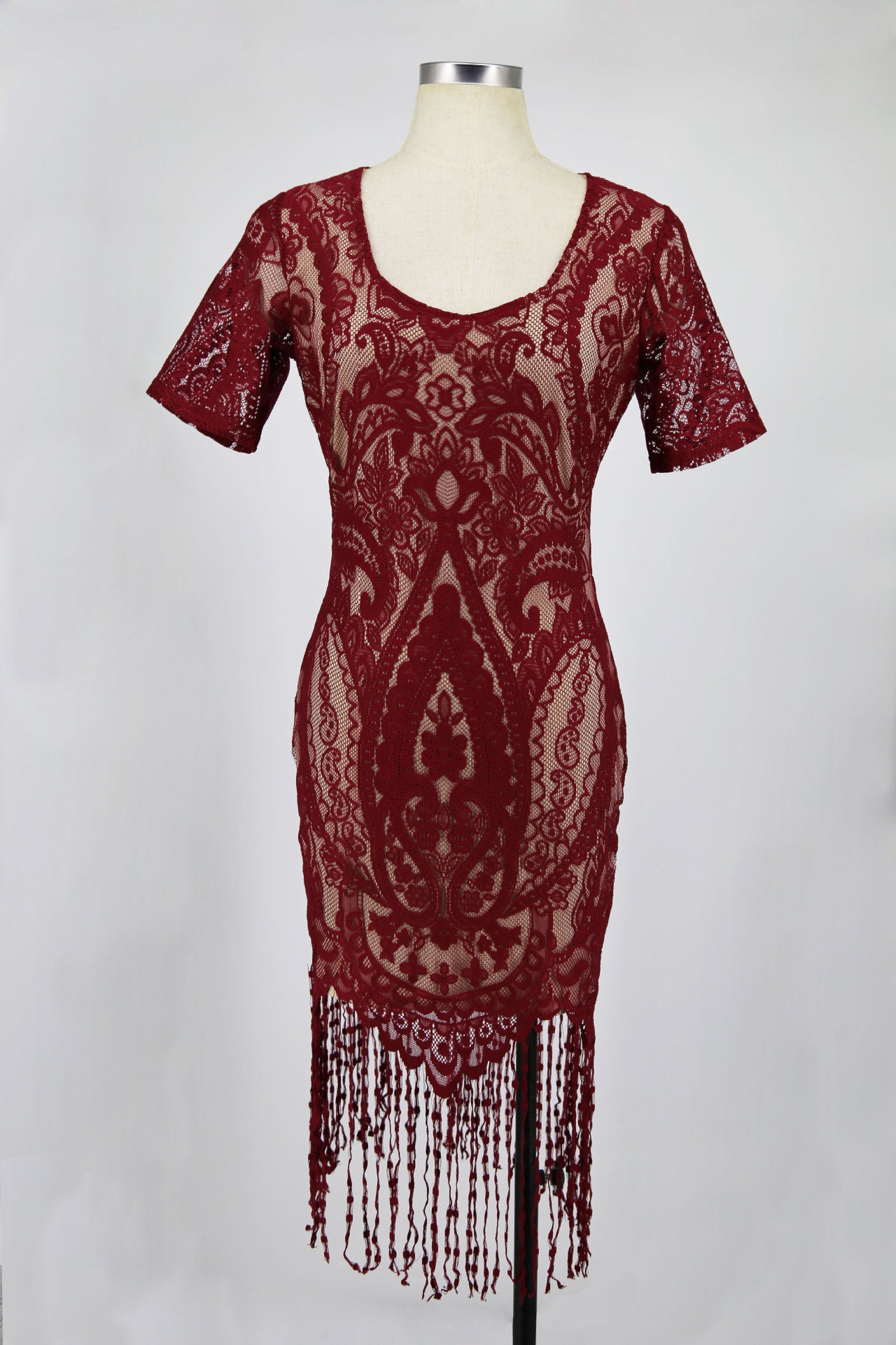 Hot Sale Lace Dress V-neck Short Sleeve Tassel Hem Sheath Dress