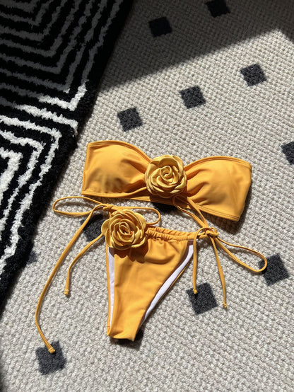 New Solid Color Rose Tube Top Drawstring Strap Split Swimsuit