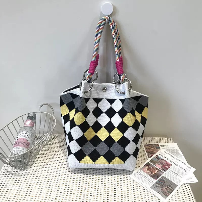 Womens Red Knitted Tote Bag With Magnetic Closure And Large Capacity