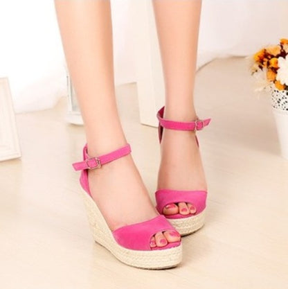 Women Sandals Straw Wedged Fish Mouth Waterproof Table One Word Buckle