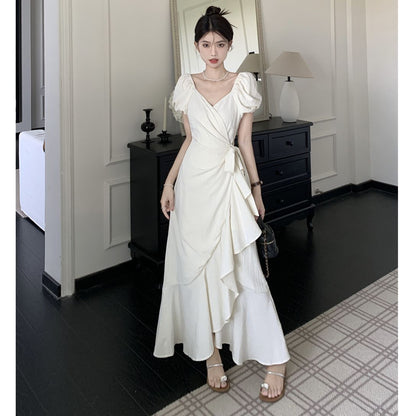 Women's White V Neck Lace Up Short Sleeve Dress