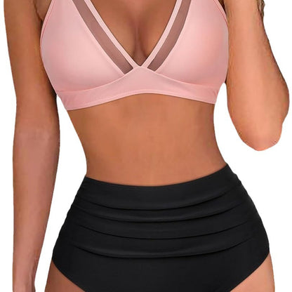 European And American Style High-Waisted Mesh Patchwork Sexy Backless Ruched V-Neck Swimsuit For Women