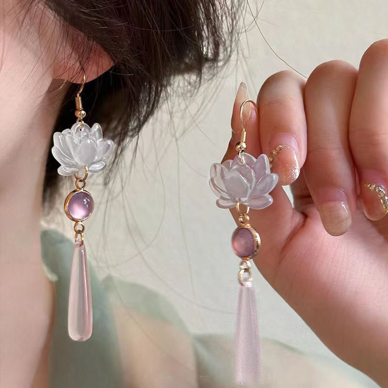 Step-by-Step Lotus Elegance New Chinese-Style Long Waterdrop Earrings With Lotus Cats-Eye Gemstones