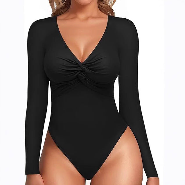 Deep V-neck Knot Slim-fit Long-sleeved Bottoming Women's Tight Jumpsuit