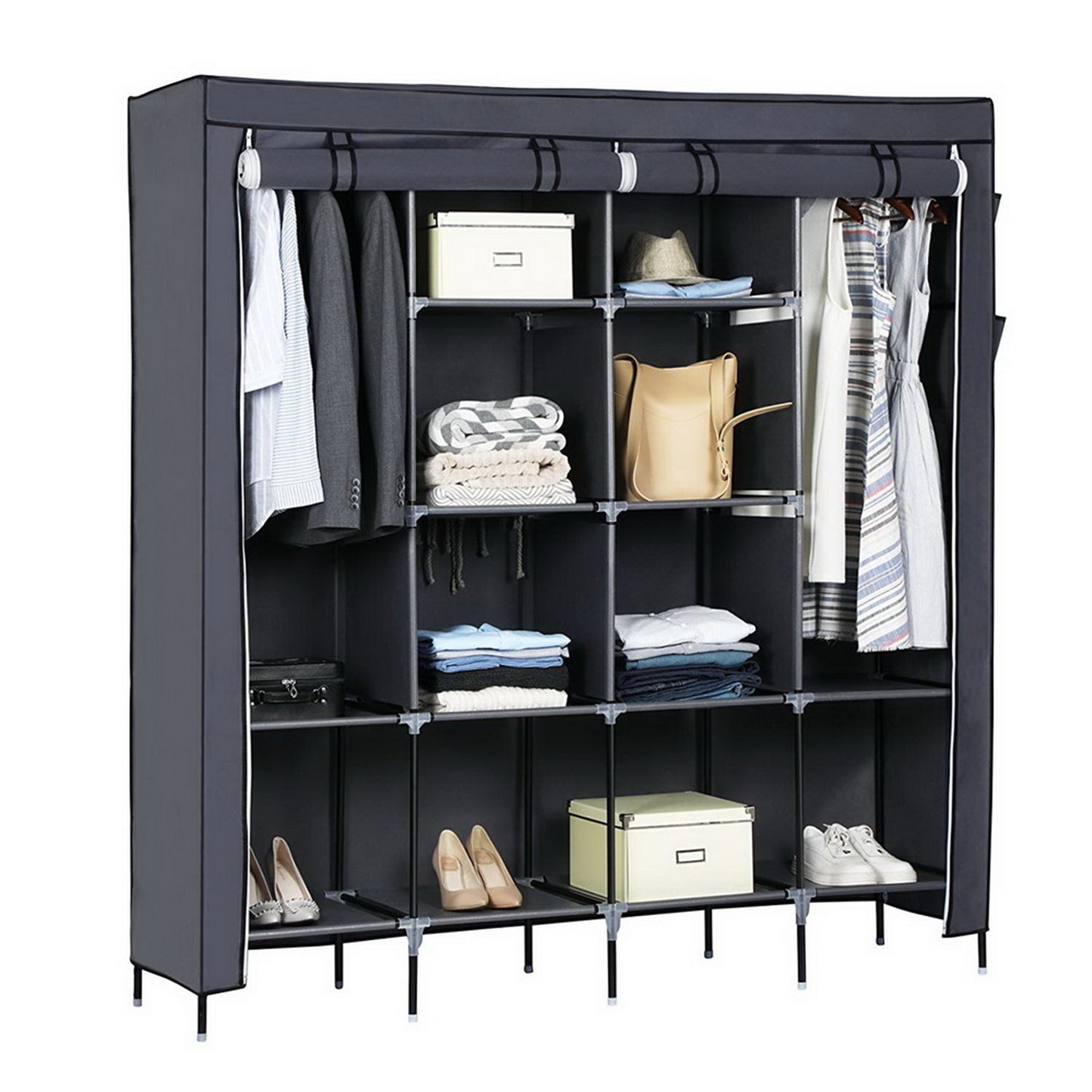 67 Inch Clothes Closet Portable Wardrobe Clothes Storage Rack 12 Shelves 4 Side Pockets Gray
