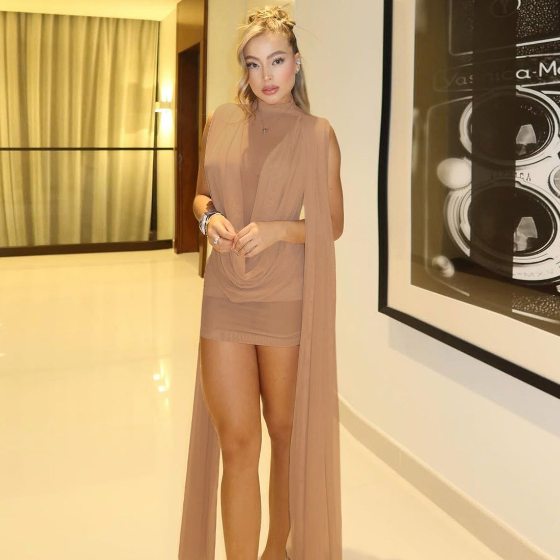 Womens Fashion Ribbon-Trimmed Patchwork Mesh Sheer Sexy Dress