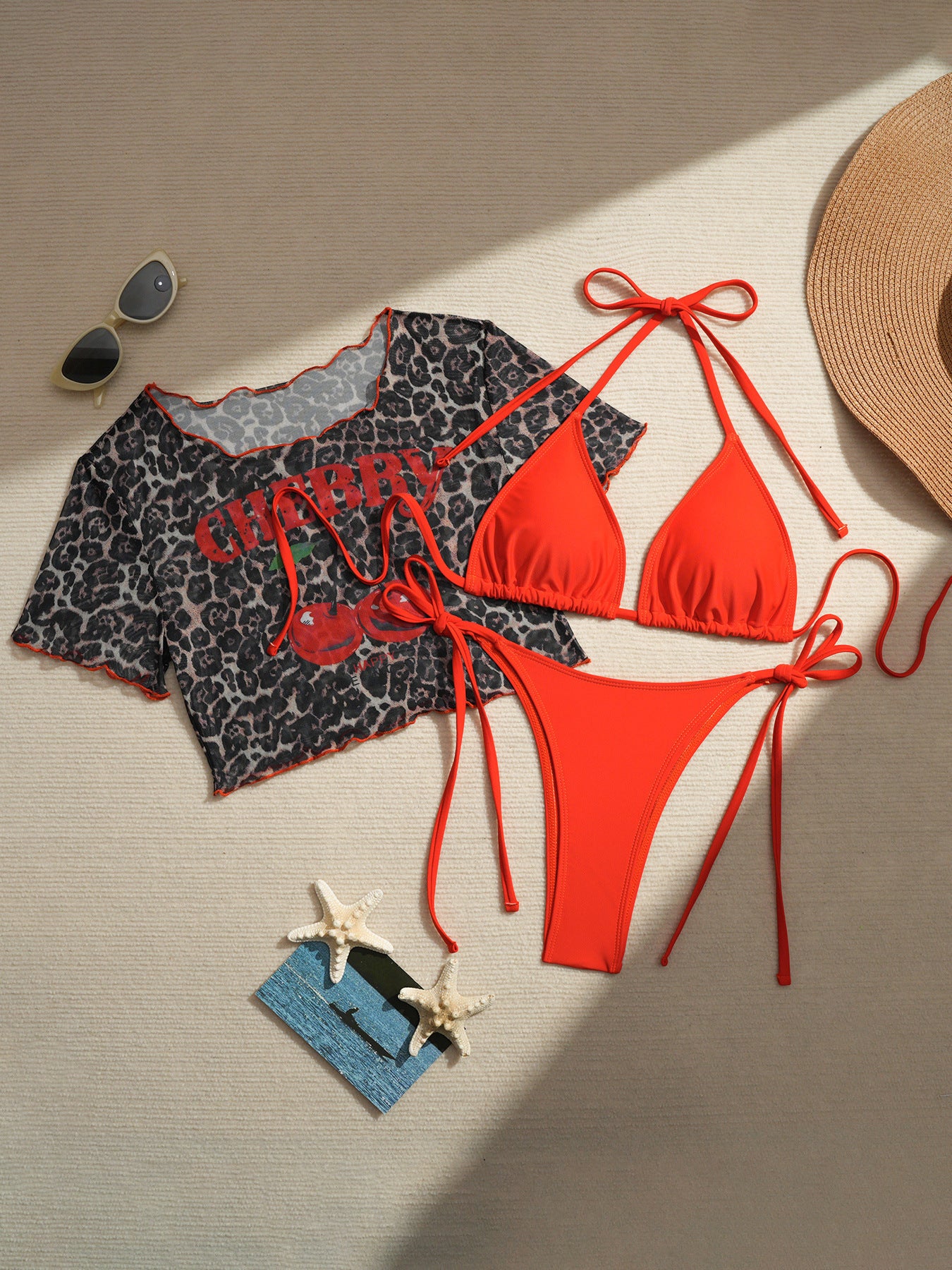 Cherry Blossom Print Camisole Three-Piece Bikini Lace-Up Swimsuit