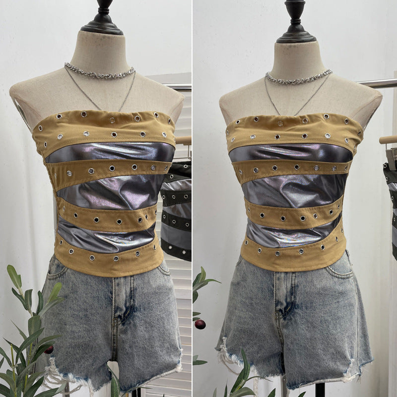 Popstar Festival Outfit Patchwork Bra-Padded Tube Top Short Sleeveless Top