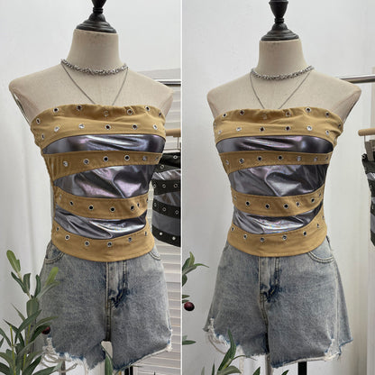 Popstar Festival Outfit Patchwork Bra-Padded Tube Top Short Sleeveless Top