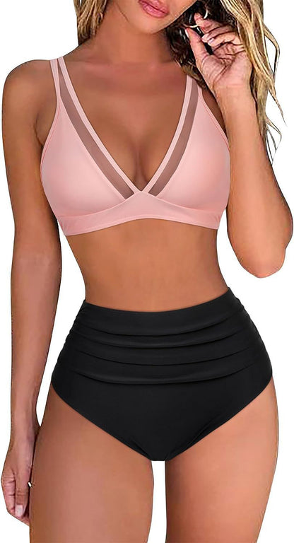 European And American Style High-Waisted Mesh Patchwork Sexy Backless Ruched V-Neck Swimsuit For Women