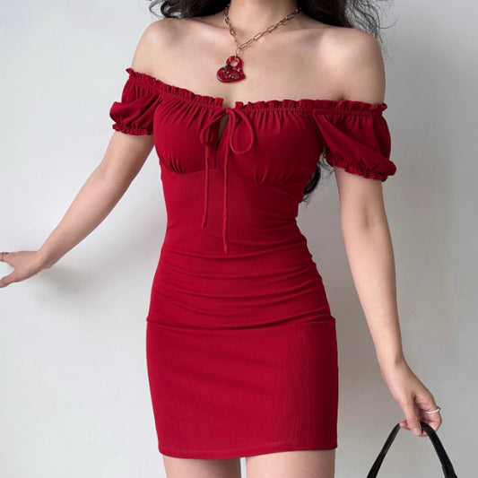 French Retro Red Square Collar Tied Dress Puff Sleeve
