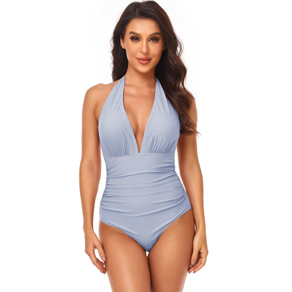 Women's Fashion Pump Pleated Neck Solid Color One-piece Swimsuit