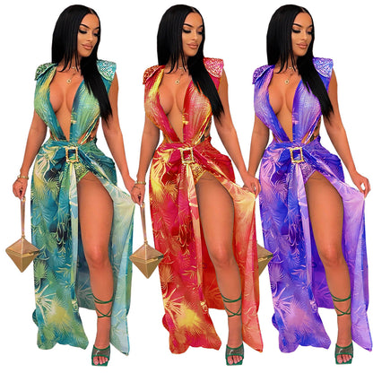 Sleeveless Cardigan Printed Swimsuit Two-piece