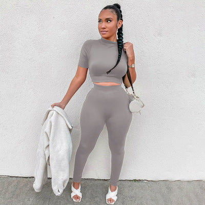 Fashion Casual Short Sleeve Midriff-baring Top Sports Suit
