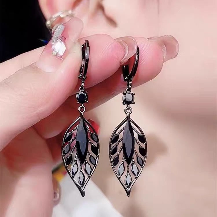 Chic Black Zircon Leaf Earrings With A Stylish Vibe