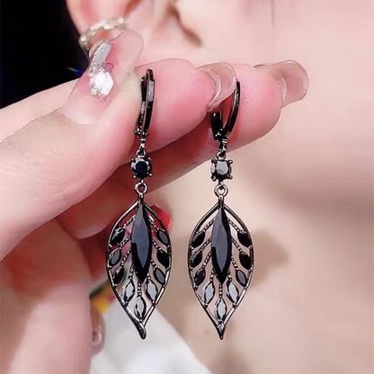 Chic Black Zircon Leaf Earrings With A Stylish Vibe