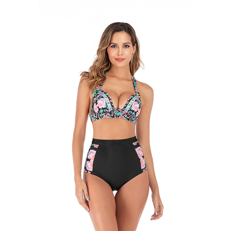 Printed high waist split swimsuit