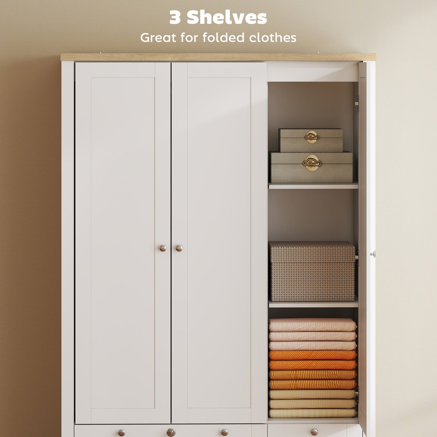 3 Doors Wardrobe Closet with 2 Drawers, Bedroom Armoire with Lockable Drawer, Hanging Rod and Storage Shelves, White