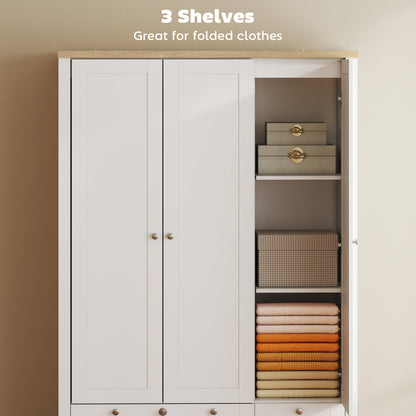 3 Doors Wardrobe Closet with 2 Drawers, Bedroom Armoire with Lockable Drawer, Hanging Rod and Storage Shelves, White