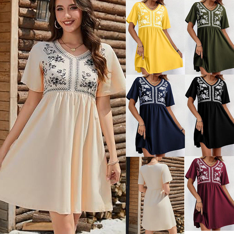 Casual Loose V-Neck Printed Defined-Waist Short-Sleeve Womens Dress