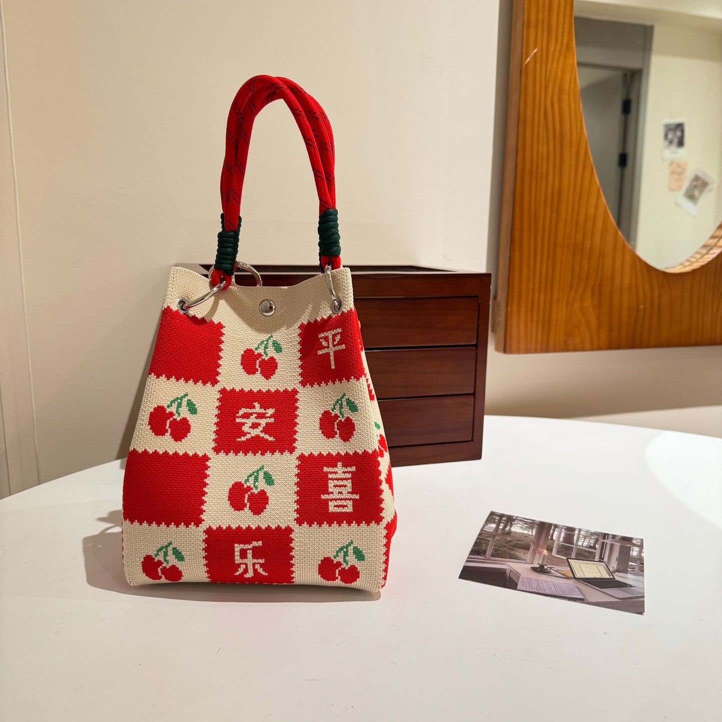 Womens Red Knitted Tote Bag With Magnetic Closure And Large Capacity