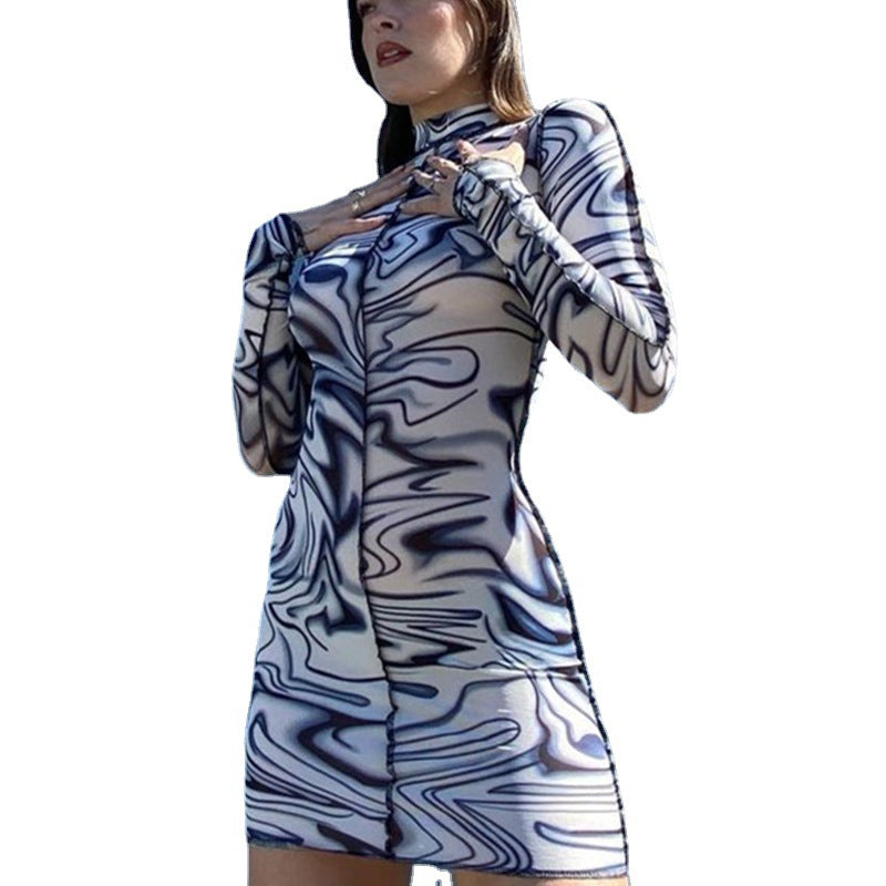 Women's Mid Neck Printed Long Sleeve Slim Fit Hip Short Dress