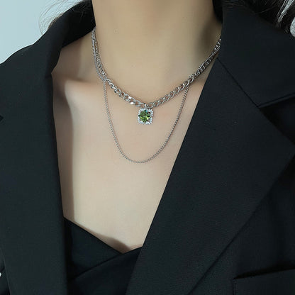 Green Square Diamond Pendant Necklace For Women