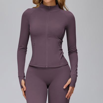 Brushed Yoga Jacket Long-sleeved Zipper Pocket Tight Top