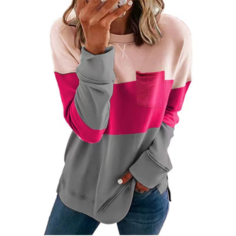 Womens Patchwork Collar Cross-Neck Long-Sleeve Casual Sweatshirt