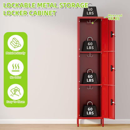Metal Locker With Hooks And Ventilation Holes,Metal Storage Locker With Keys And Business Card Slof For Home,Gym,Garage,School,Office,Assembly Required,Red