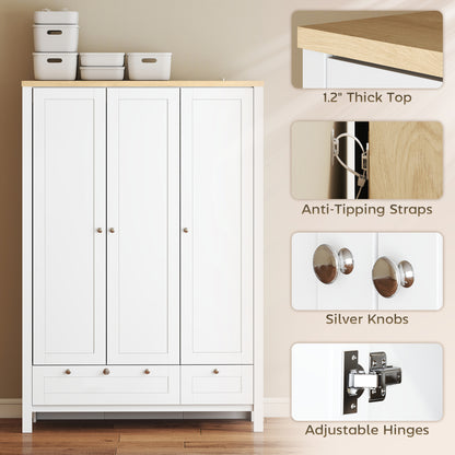 3 Doors Wardrobe Closet with 2 Drawers, Bedroom Armoire with Lockable Drawer, Hanging Rod and Storage Shelves, White