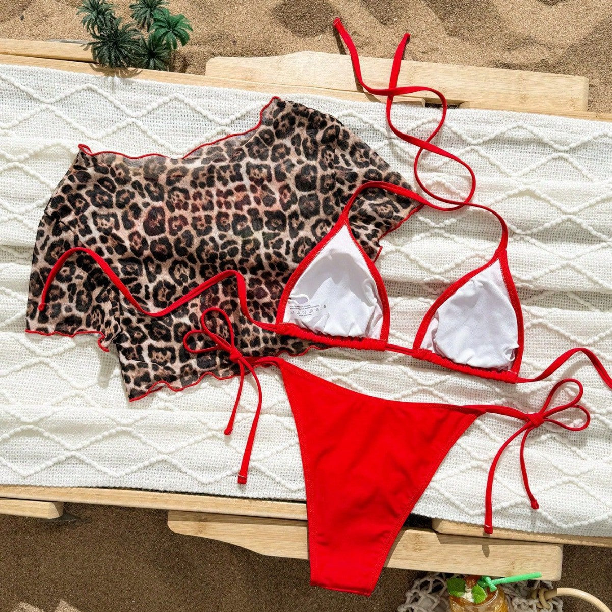 Cherry Blossom Print Camisole Three-Piece Bikini Lace-Up Swimsuit