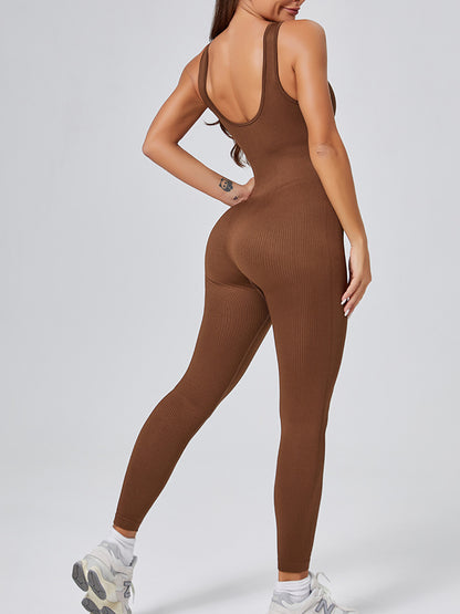 Threaded-knit Tummy-control Butt-lifting Form-fitting Breathable U-neck Bodysuit