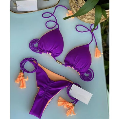 Women's Seaside Hand-knitted Rope Pure Color Bikini