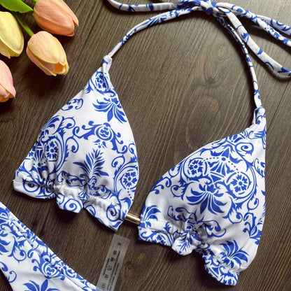 Women's Swimsuit New Blue And White Porcelain Printed Bikini