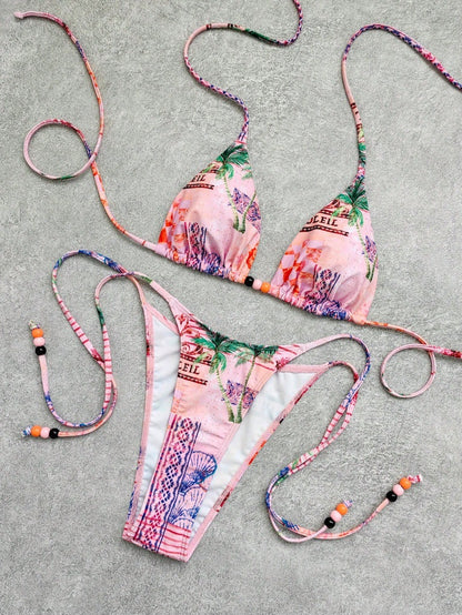 Printed Lace-up High-waisted Gradient-style Two-piece Swimsuit